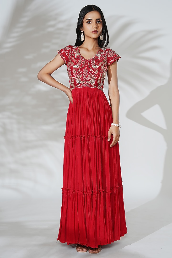 Red Raw Silk & Chinon Chiffon Hand Embroidered Gathered Engagement Gown by Anu Pellakuru at Pernia's Pop Up Shop