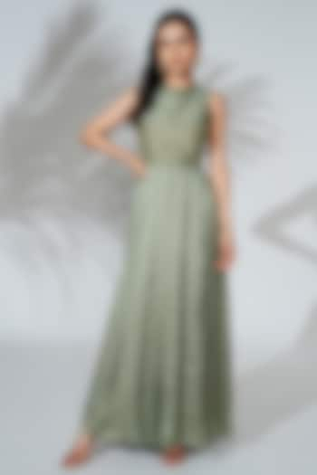 Sage Green Linen Silk Cutdana Flared Jumpsuit  by Anu Pellakuru at Pernia's Pop Up Shop