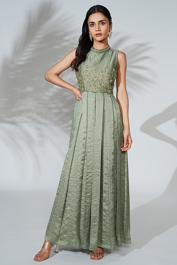 Sage Green Linen Silk Cutdana Flared Jumpsuit  by Anu Pellakuru at Pernia's Pop Up Shop