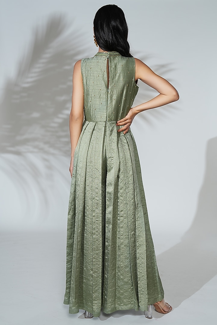 Sage Green Linen Silk Cutdana Flared Jumpsuit by Anu Pellakuru at Pernia's Pop Up Shop