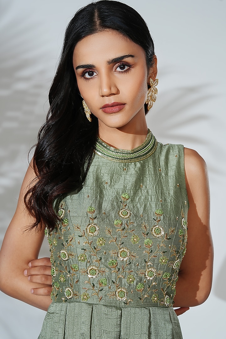 Sage Green Linen Silk Cutdana Flared Jumpsuit by Anu Pellakuru at Pernia's Pop Up Shop