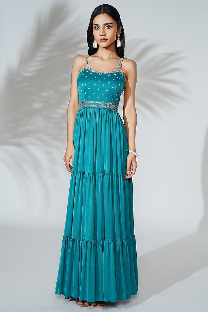 Teal Blue Modal Satin Silk Pearl Embroidered Tiered Gown by Anu Pellakuru