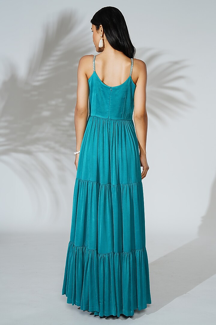 Teal Blue Modal Satin Silk Pearl Embroidered Tiered Engagement Gown by Anu Pellakuru at Pernia's Pop Up Shop