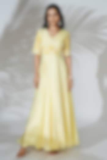 Lemon Yellow Linen Silk Resham Embroidered Flared Gown by Anu Pellakuru at Pernia's Pop Up Shop