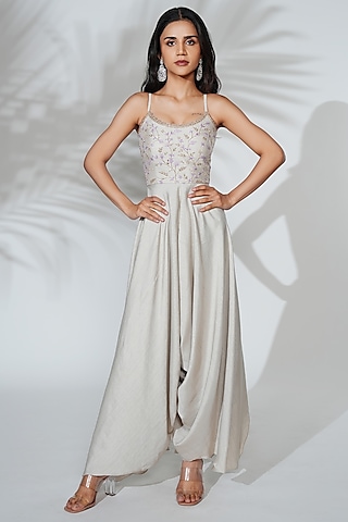 Off-White Linen Silk Resham Embroidered Crocheted Jumpsuit by Anu Pellakuru