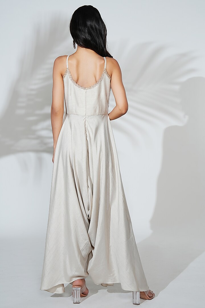 Off-White Linen Silk Resham Embroidered Crocheted Jumpsuit by Anu Pellakuru at Pernia's Pop Up Shop