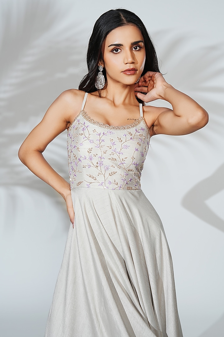 Off-White Linen Silk Resham Embroidered Crocheted Jumpsuit by Anu Pellakuru at Pernia's Pop Up Shop