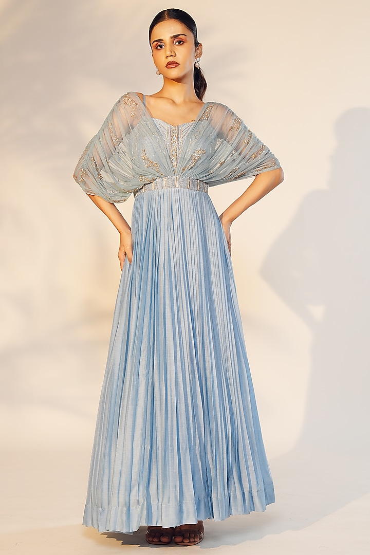 Powder Blue Muslin Silk & Net Hand Embroidered Fall-Shoulder Gown by Anu Pellakuru