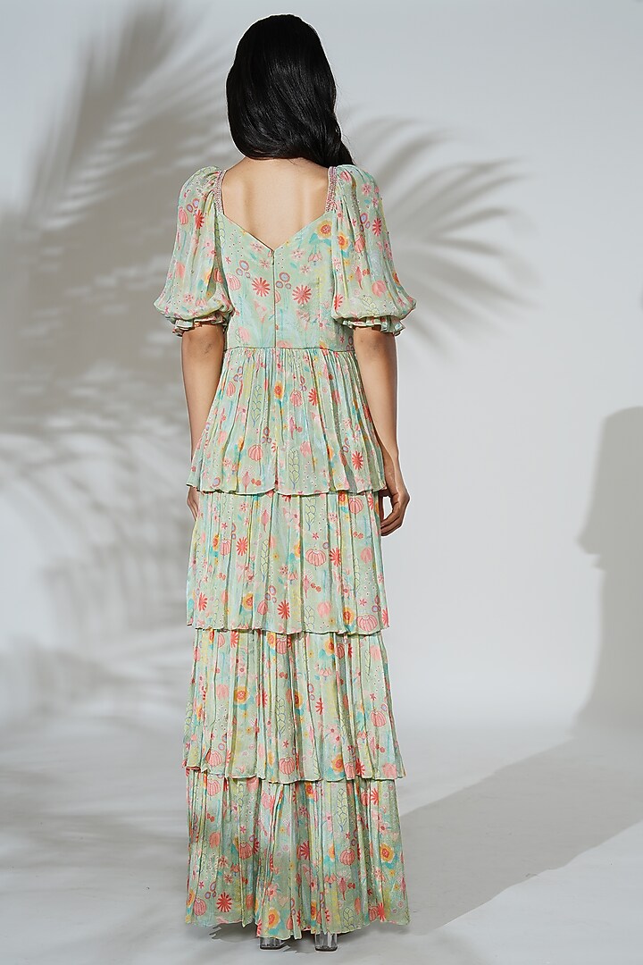Lime Green Chiffon Bemberg Floral Printed Ruffled Engagement Gown by Anu Pellakuru at Pernia's Pop Up Shop