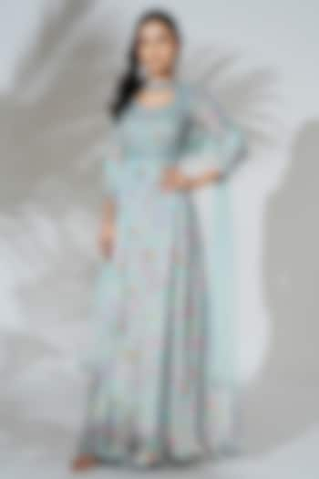 Blue Bemberg Floral Printed & Embroidered Anarkali Set by Anu Pellakuru at Pernia's Pop Up Shop