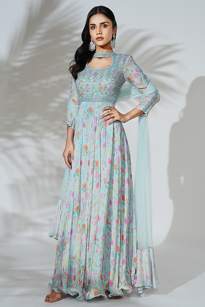 Blue Bemberg Floral Printed & Embroidered Anarkali Set by Anu Pellakuru at Pernia's Pop Up Shop