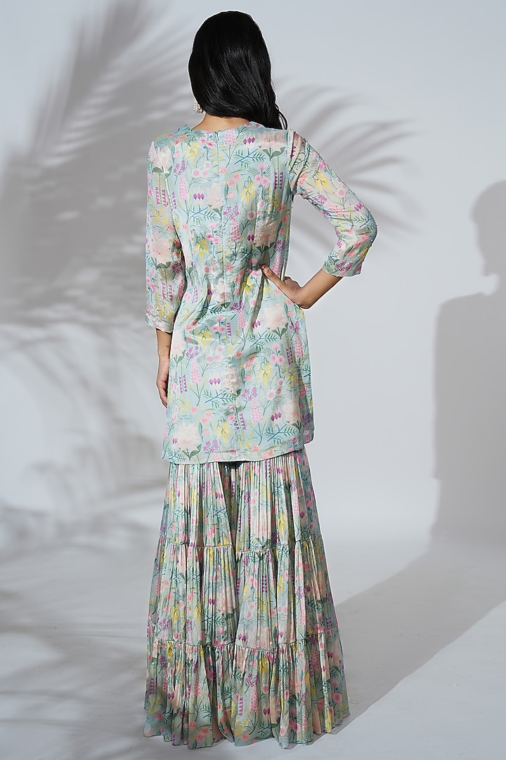 Blue Chiffon Printed Tiered Party Wear Sharara Set by Anu Pellakuru at Pernia's Pop Up Shop