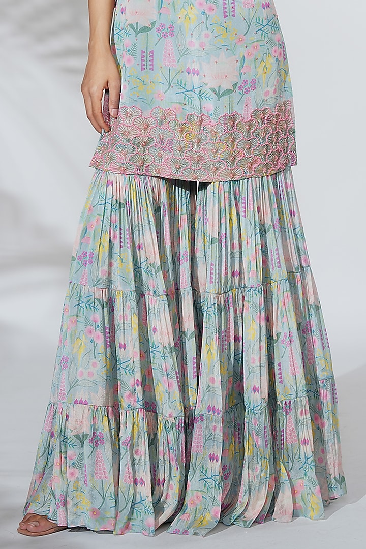 Blue Chiffon Printed Tiered Party Wear Sharara Set by Anu Pellakuru at Pernia's Pop Up Shop