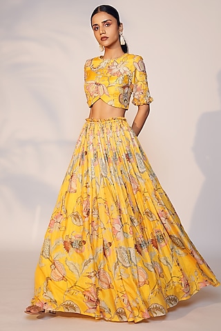 Yellow Muslin Silk Printed & Pearl Embroidered Flared Lehenga Set by Anu Pellakuru