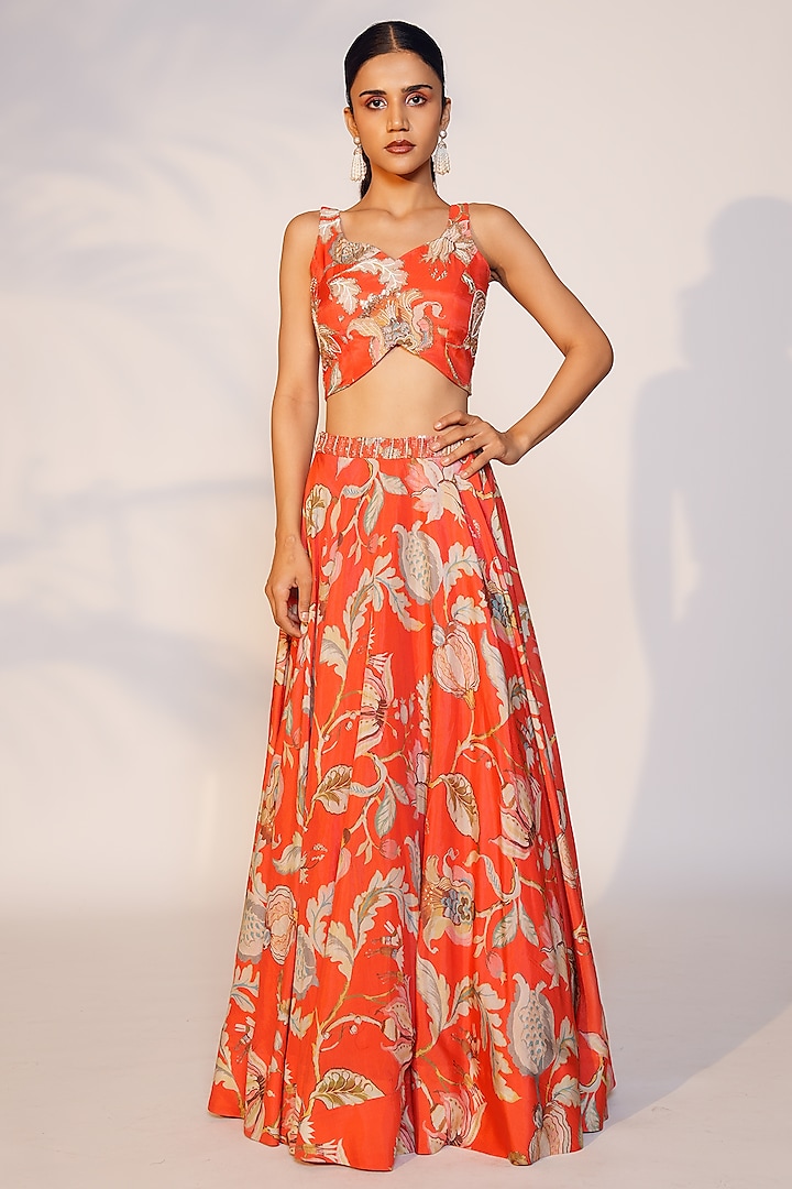 Red Muslin Silk Printed & Pearl Embroidered Flared Lehenga Set by Anu Pellakuru at Pernia's Pop Up Shop