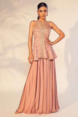 Dusty Peach Satin Chinon Flared Palazzo Pant Set by Anu Pellakuru