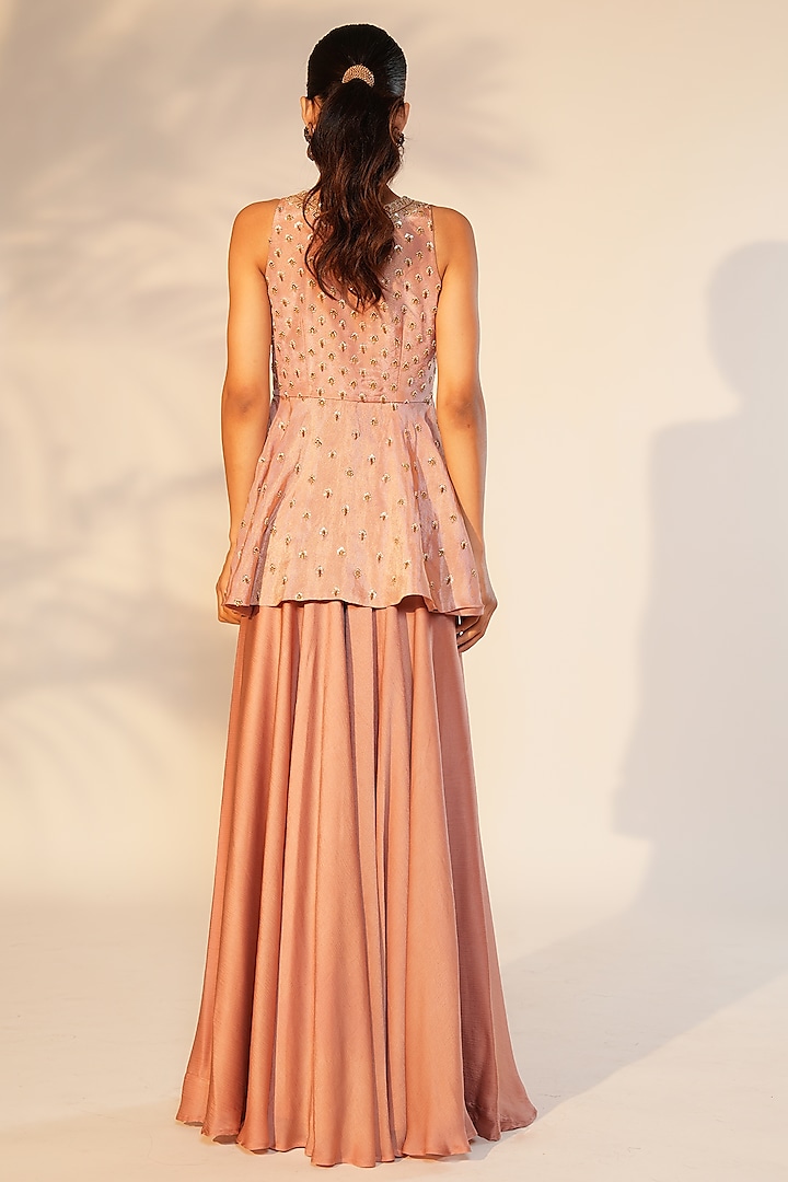 Dusty Peach Satin Chinon Flared Palazzo Pant Set by Anu Pellakuru at Pernia's Pop Up Shop