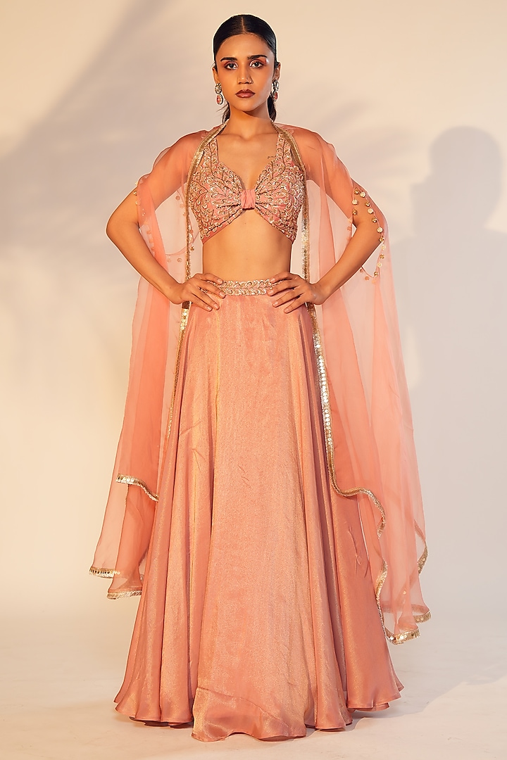 Dusty Peach Tissue Silk Embroidered Jacket Wedding Lehenga Set by Anu Pellakuru at Pernia's Pop Up Shop