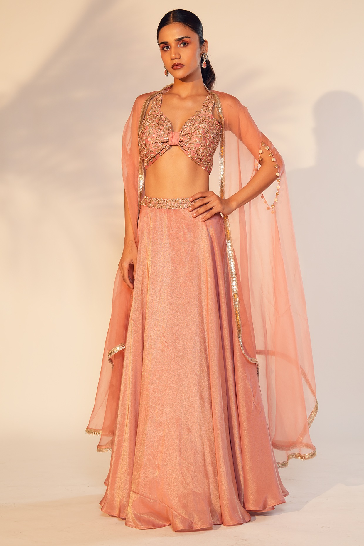 Dusty Peach Tissue Silk Embroidered Jacket Lehenga Set Design by