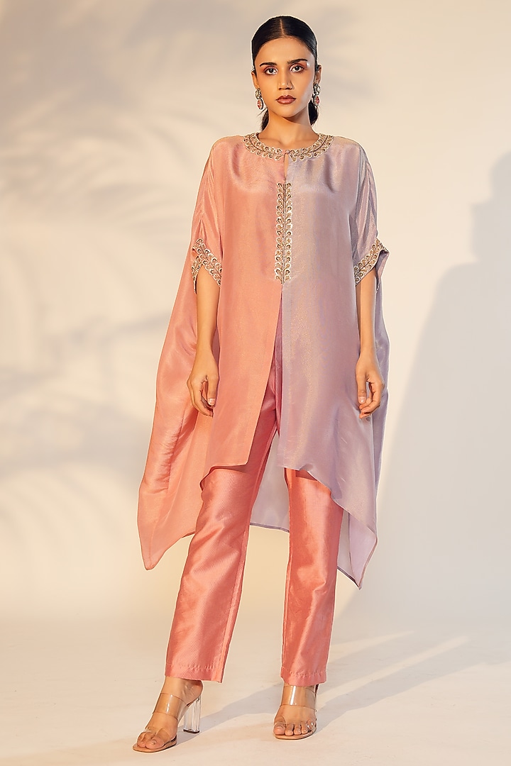 Peach & Lavender Tissue Embroidered Kaftan Set by Anu Pellakuru at Pernia's Pop Up Shop