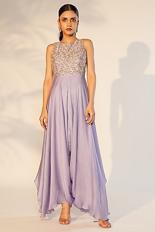 Lavender Denting & Satin Chiffon Cutdana Embroidered Jumpsuit by Anu Pellakuru