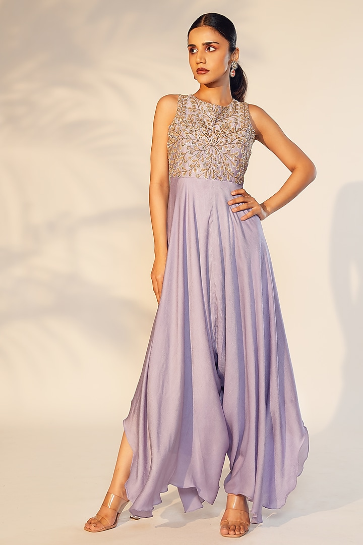 Lavender Denting & Satin Chiffon Cutdana Embroidered Jumpsuit by Anu Pellakuru at Pernia's Pop Up Shop