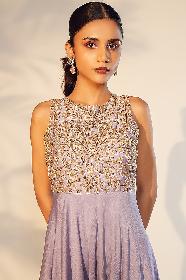 Lavender Denting & Satin Chiffon Cutdana Embroidered Jumpsuit by Anu Pellakuru at Pernia's Pop Up Shop