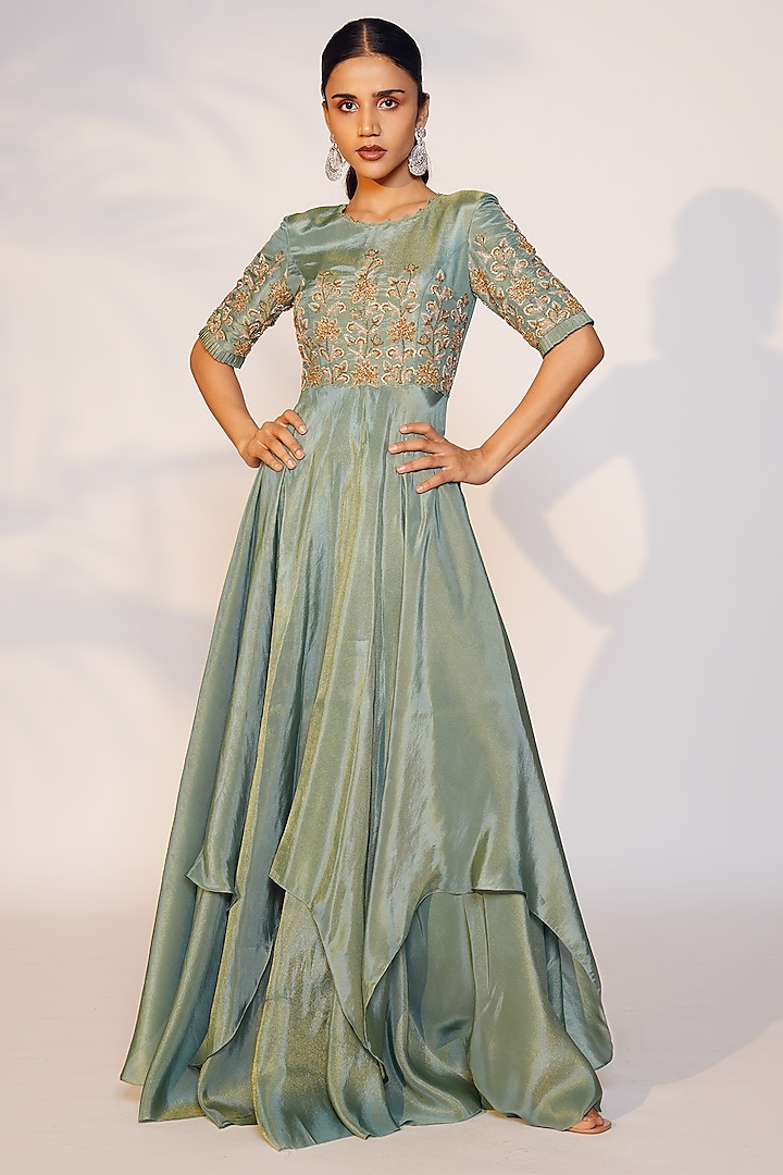 Sea Green Tissue Silk Embroidered Double Layered Gown by Anu Pellakuru