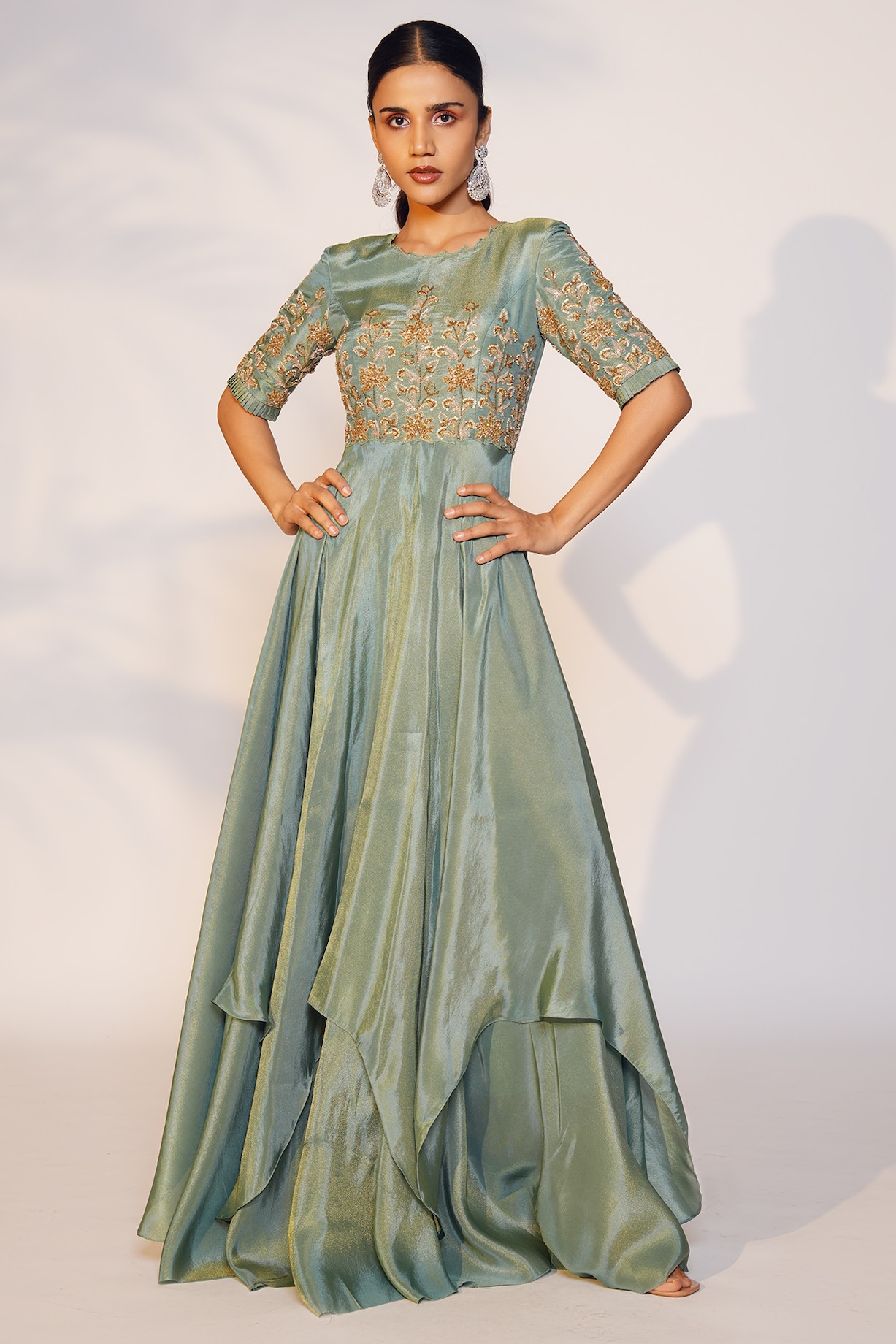 Sea Green Tissue Silk Embroidered Double Layered Gown by Anu Pellakuru at Pernia's Pop Up Shop 2026 Sea Green Tissue Silk Embroidered Double Layered Gown by Anu Pellakuru at Pernia's Pop Up Shop 2026