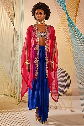 Raspberry Hand-Dyed Organza Zardosi Embroidered Cape Set by Anu Pellakuru