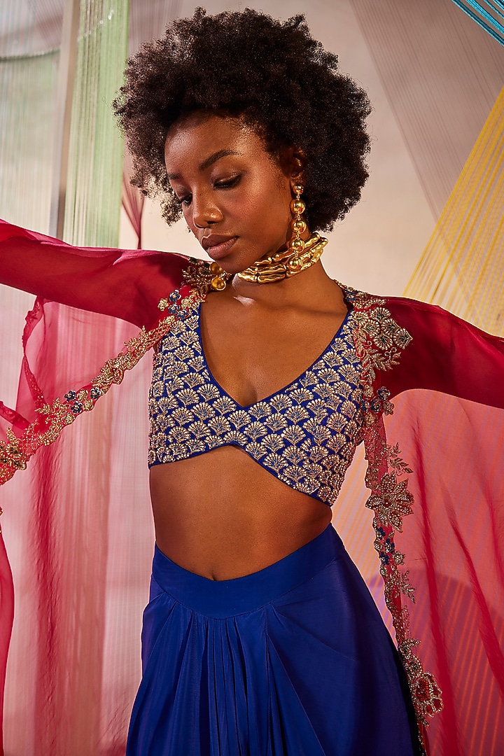 Raspberry Hand-Dyed Organza Zardosi Embroidered Cape Set by Anu Pellakuru at Pernia's Pop Up Shop