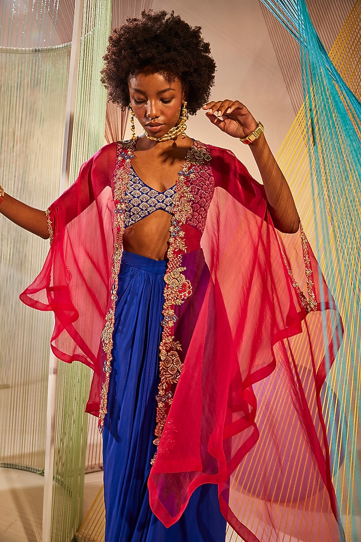 Raspberry Hand-Dyed Organza Zardosi Embroidered Cape Set by Anu Pellakuru at Pernia's Pop Up Shop