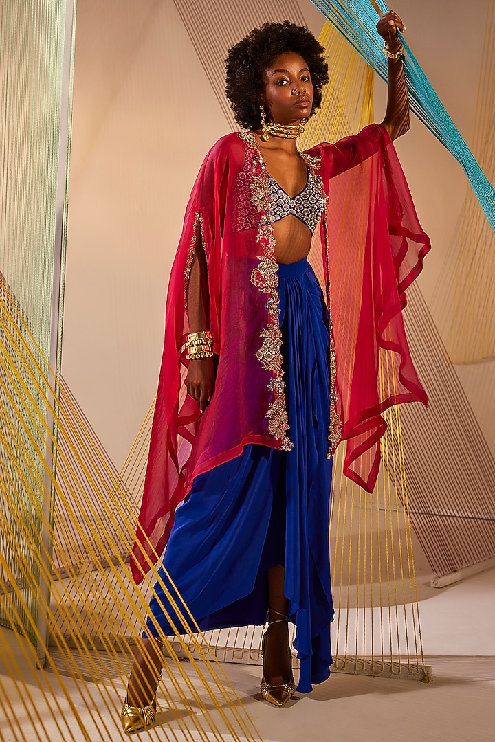 Raspberry Hand-Dyed Organza Zardosi Embroidered Cape Set by Anu Pellakuru at Pernia's Pop Up Shop