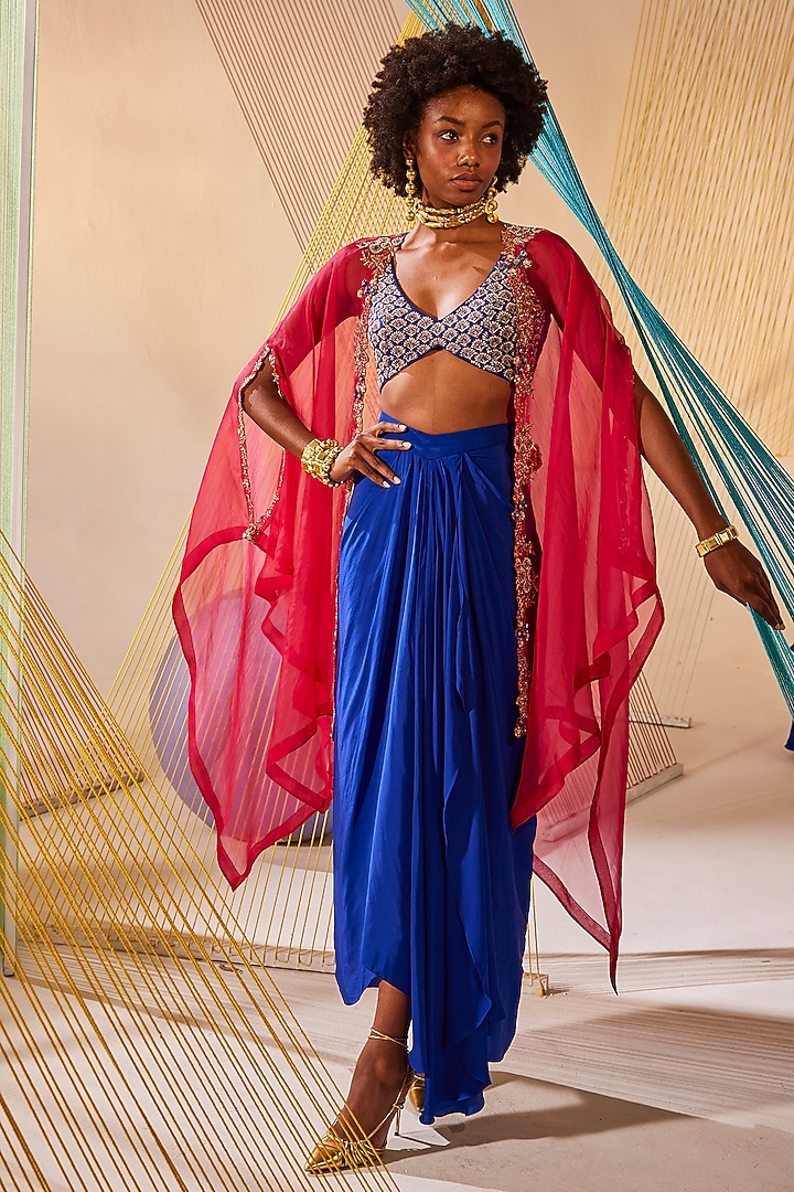 Raspberry Hand-Dyed Organza Zardosi Embroidered Cape Set by Anu Pellakuru at Pernia's Pop Up Shop