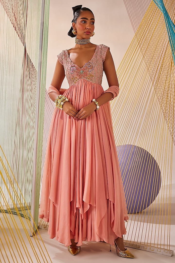 Peach Raw Silk & Chinon Chiffon Resham Embroidered Anarkali Set by Anu Pellakuru