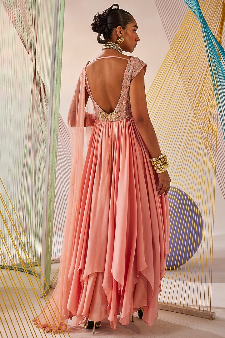 Peach Raw Silk & Chinon Chiffon Resham Embroidered Wedding Anarkali Set by Anu Pellakuru at Pernia's Pop Up Shop