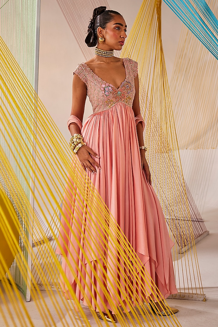Peach Raw Silk & Chinon Chiffon Resham Embroidered Wedding Anarkali Set by Anu Pellakuru at Pernia's Pop Up Shop