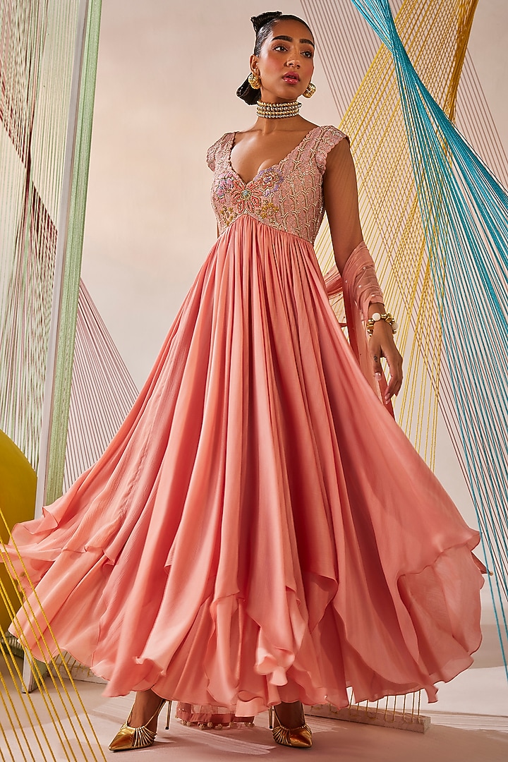 Peach Raw Silk & Chinon Chiffon Resham Embroidered Wedding Anarkali Set by Anu Pellakuru at Pernia's Pop Up Shop
