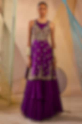 Purple Raw Silk & Chinon Chiffon Zardosi Embroidered Gown by Anu Pellakuru at Pernia's Pop Up Shop