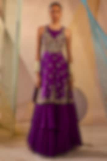 Purple Raw Silk & Chinon Chiffon Zardosi Embroidered Gown by Anu Pellakuru