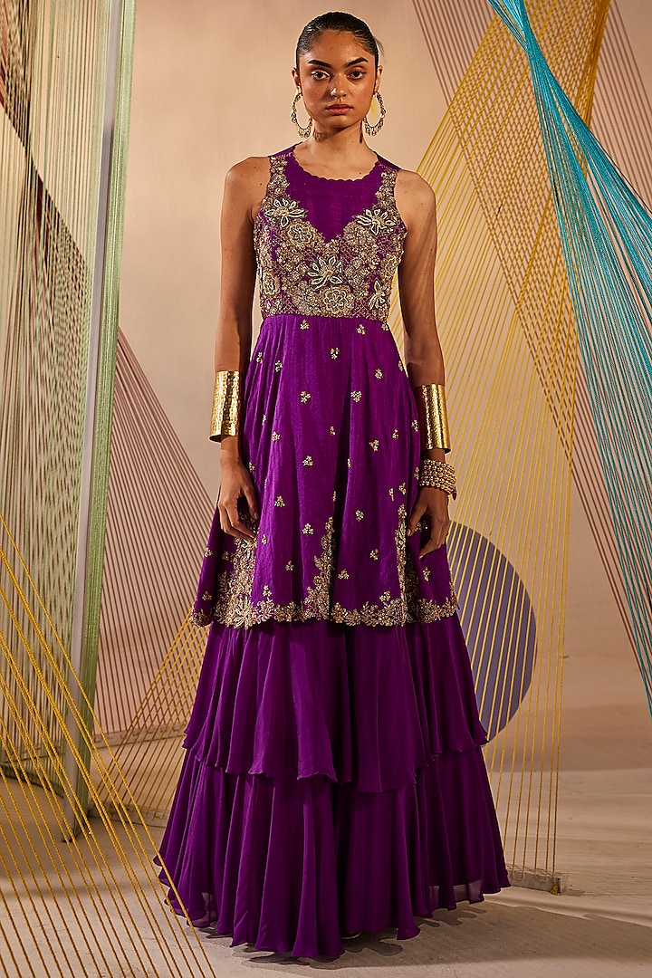 Purple Raw Silk & Chinon Chiffon Zardosi Embroidered Gown by Anu Pellakuru