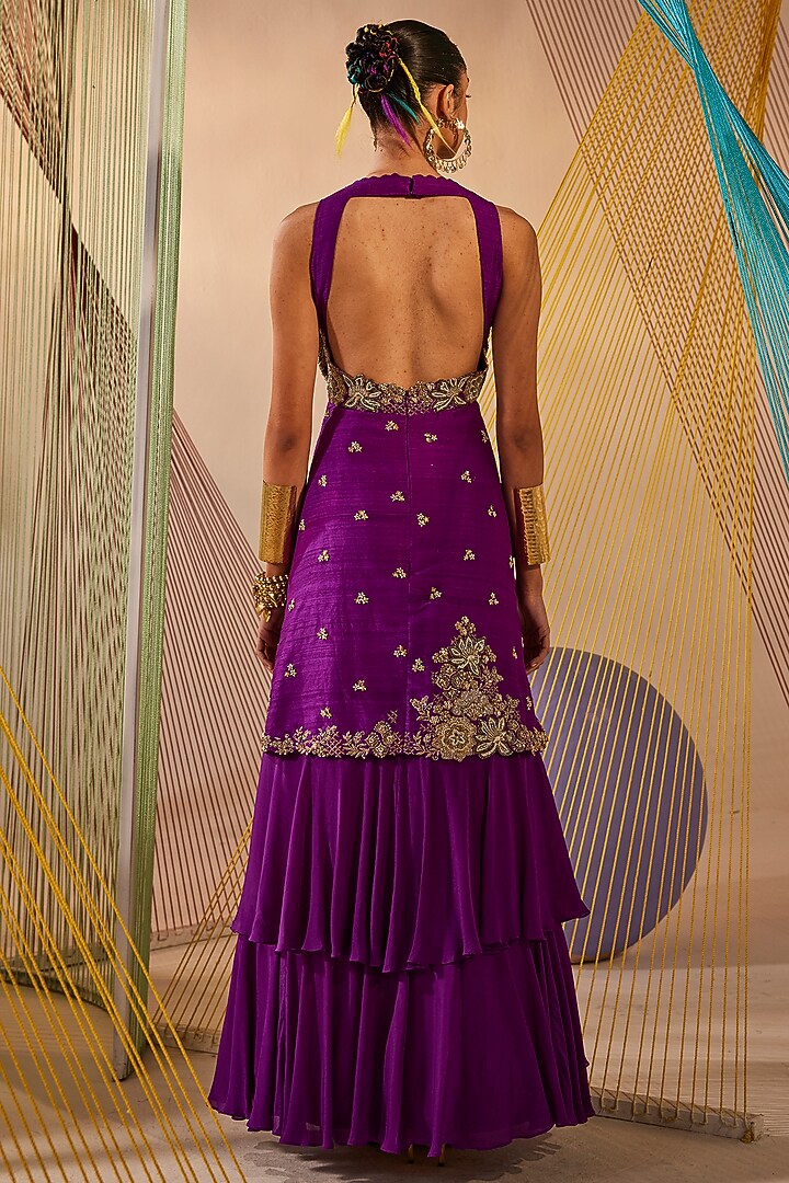 Purple Raw Silk & Chinon Chiffon Zardosi Embroidered Wedding Gown by Anu Pellakuru at Pernia's Pop Up Shop