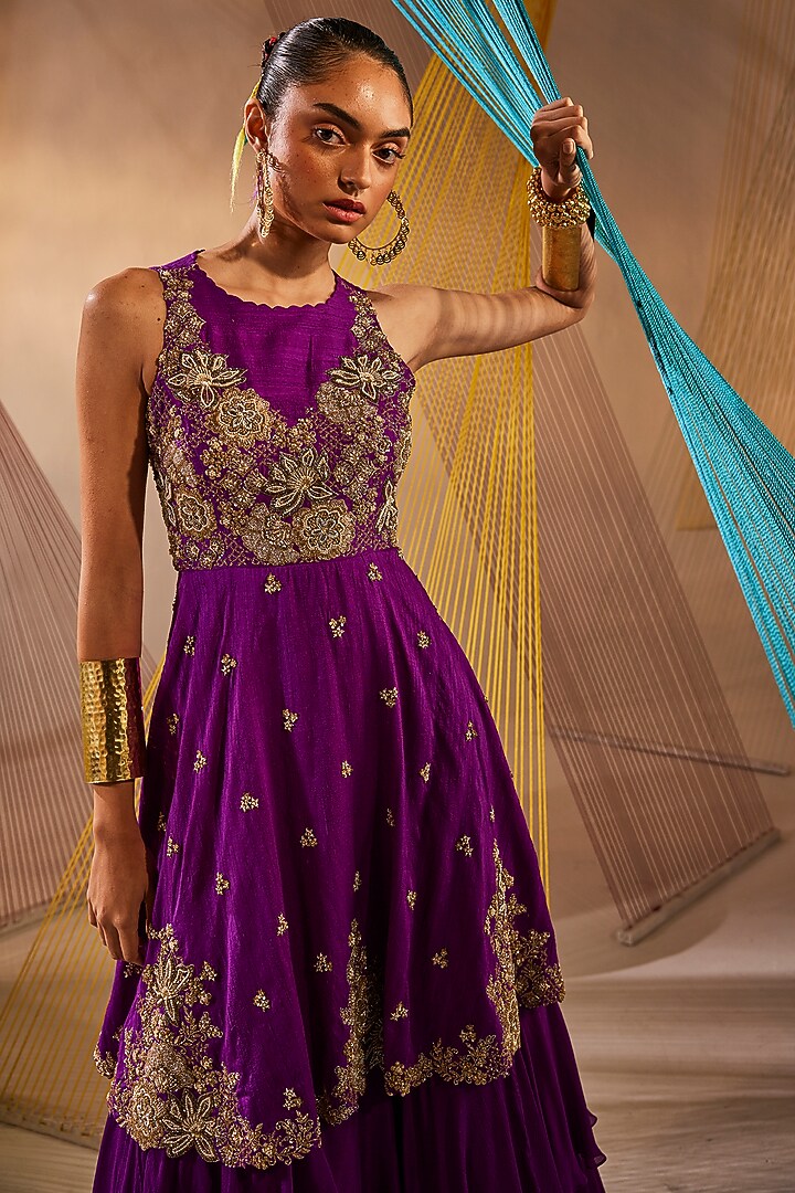 Purple Raw Silk & Chinon Chiffon Zardosi Embroidered Wedding Gown by Anu Pellakuru at Pernia's Pop Up Shop