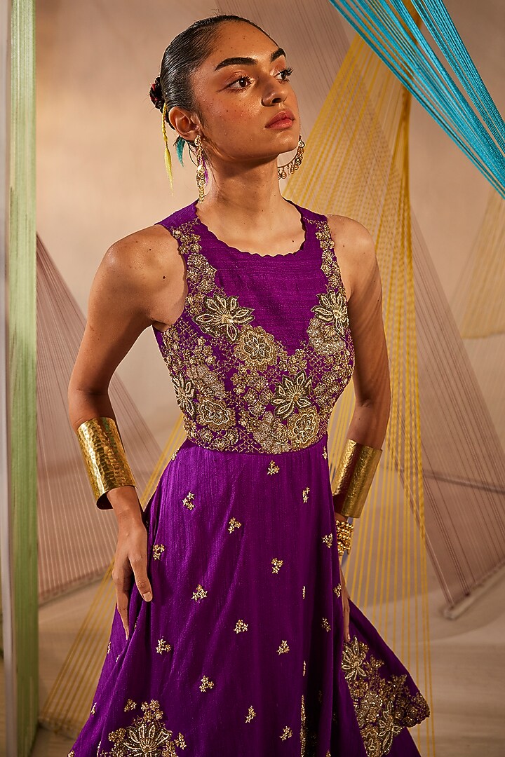 Purple Raw Silk & Chinon Chiffon Zardosi Embroidered Wedding Gown by Anu Pellakuru at Pernia's Pop Up Shop