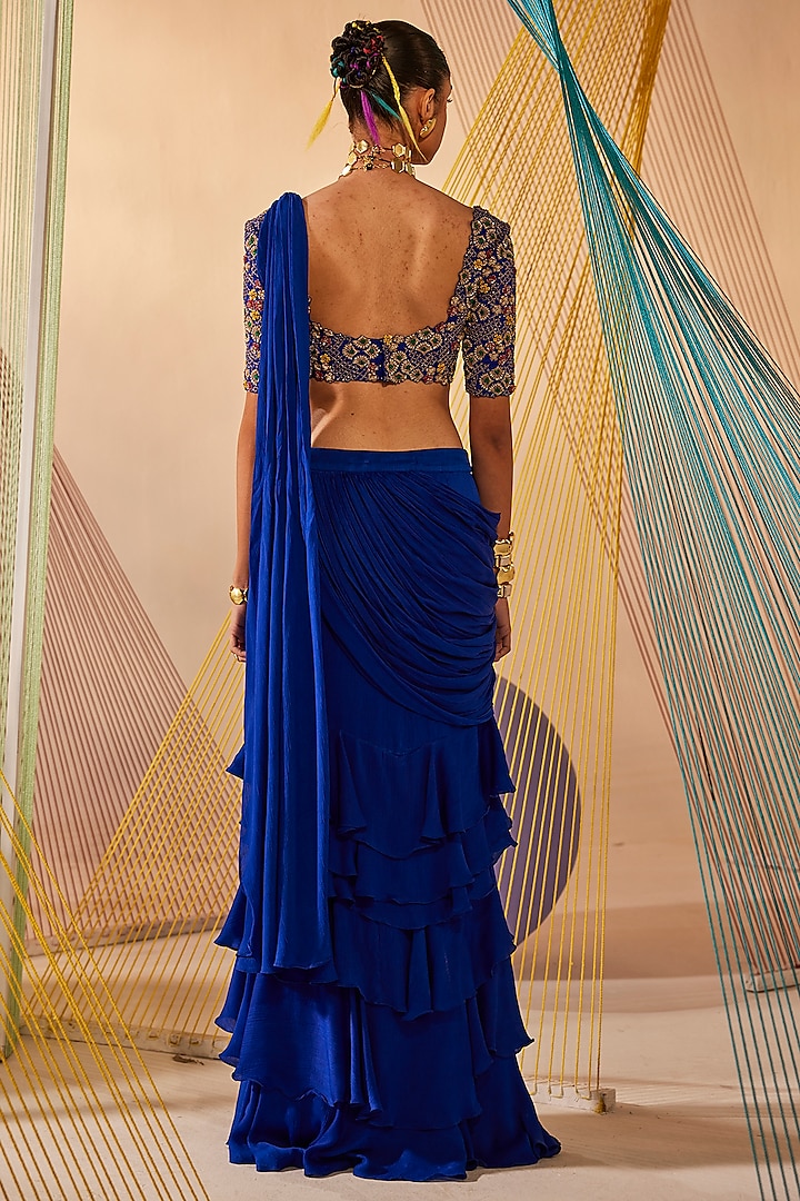 Royal Blue Satin Chiffon Ruffled Draped Saree Set by Anu Pellakuru