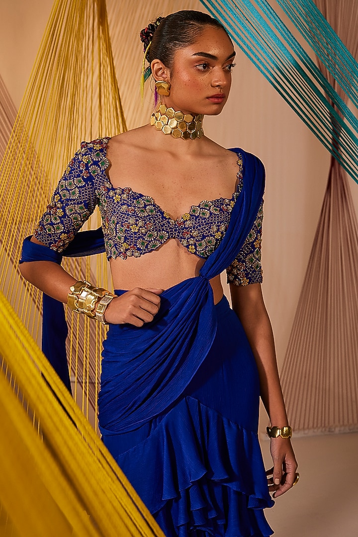 Royal Blue Satin Chiffon Ruffled Draped Reception Saree Set by Anu Pellakuru at Pernia's Pop Up Shop