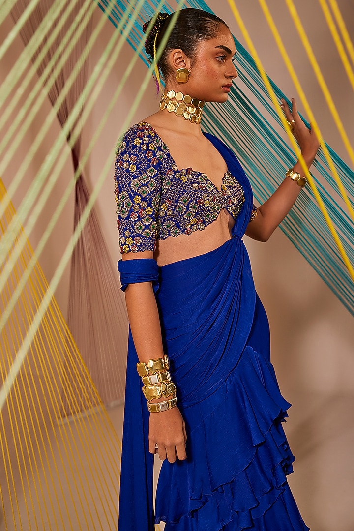 Royal Blue Satin Chiffon Ruffled Draped Reception Saree Set by Anu Pellakuru at Pernia's Pop Up Shop