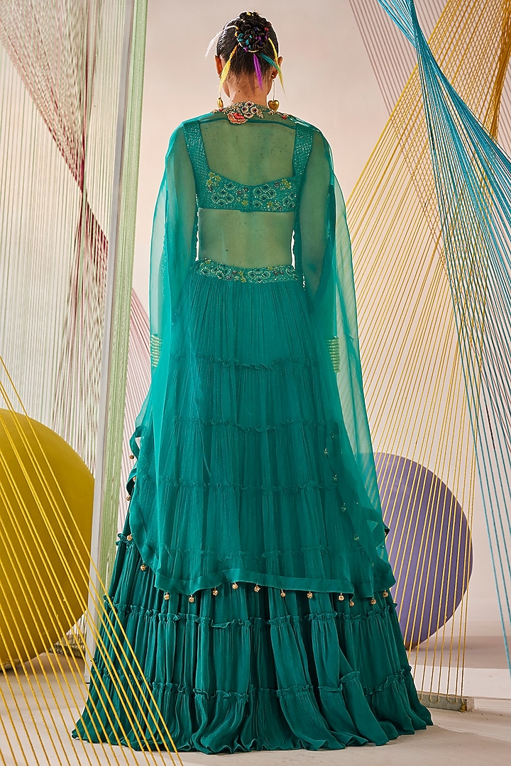 Teal Blue Chinon Chiffon Hand Embroidered Jacket Wedding Lehenga Set by Anu Pellakuru at Pernia's Pop Up Shop