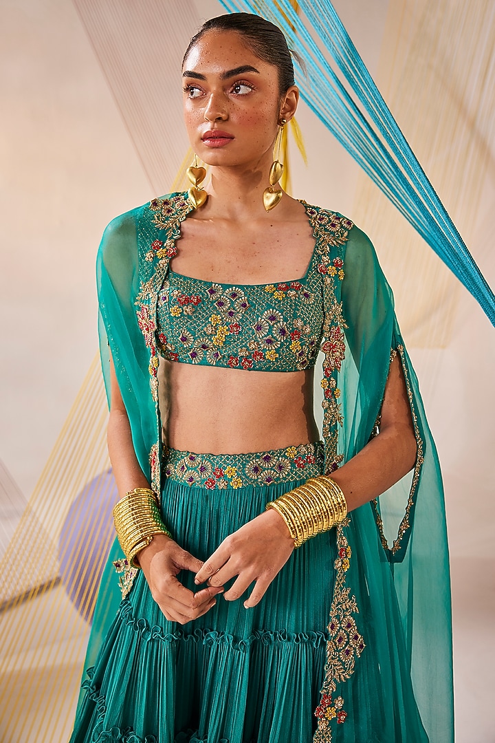 Teal Blue Chinon Chiffon Hand Embroidered Jacket Wedding Lehenga Set by Anu Pellakuru at Pernia's Pop Up Shop