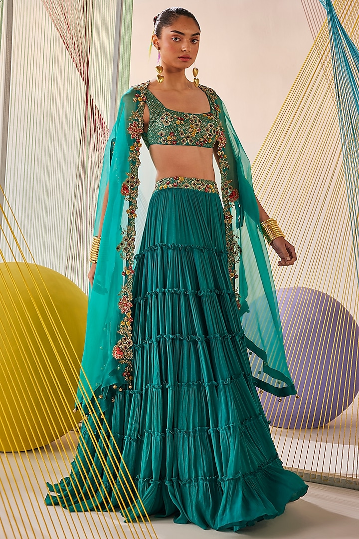 Teal Blue Chinon Chiffon Hand Embroidered Jacket Wedding Lehenga Set by Anu Pellakuru at Pernia's Pop Up Shop